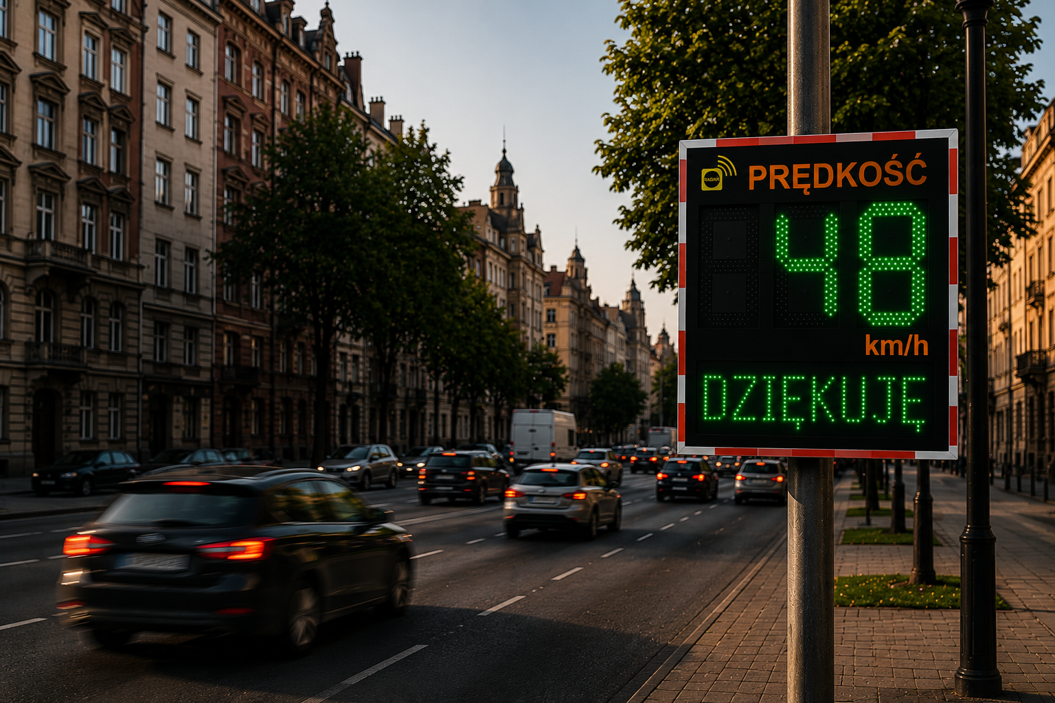 Aktywna tablica radarowa przy ruchliwej ulicy